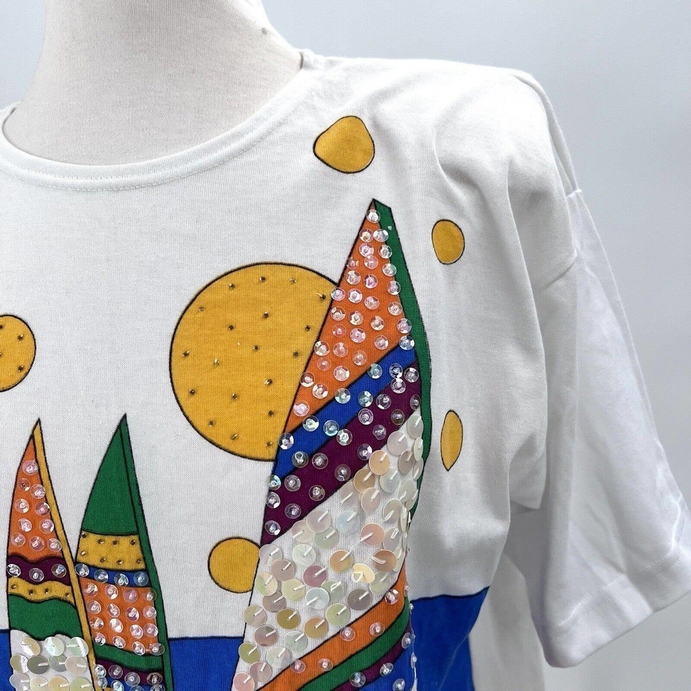 Vintage 90s Colorful Embellished Sailboat T-Shirt Shoulder Pads - Picture 2 of 8